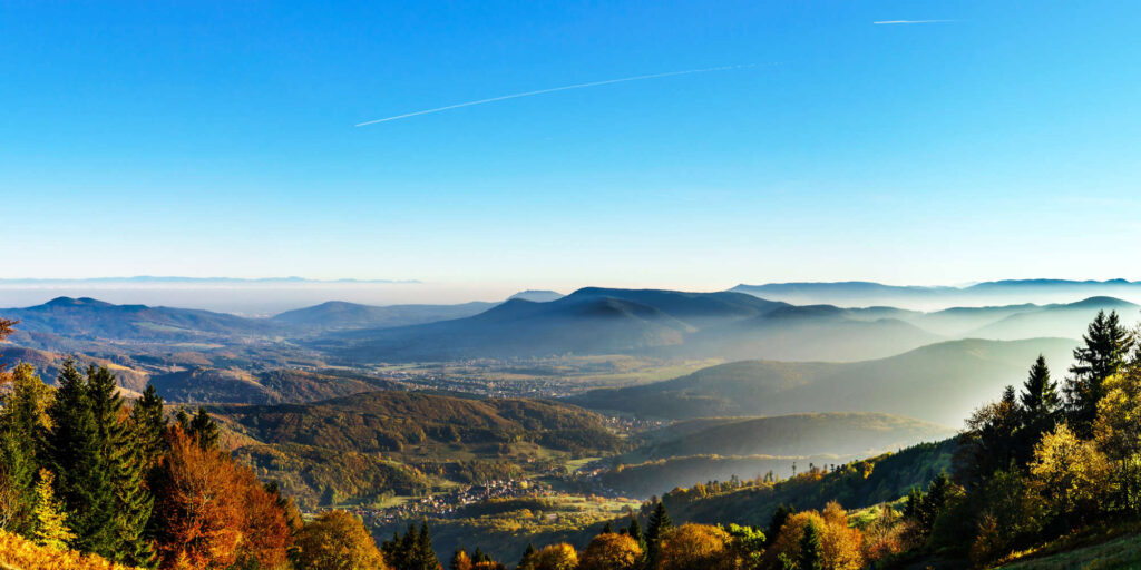 Aerial view of colorful autumnal mountains, foggy sunset