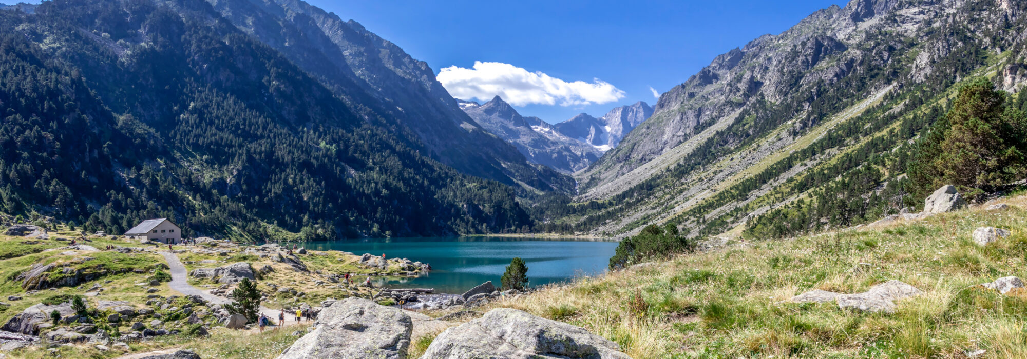 Gaube Lake in French Pyrenees with beautiful mountain landscape in summer day at Hautes-Pyrenees, near Cauterets, France, Europe
